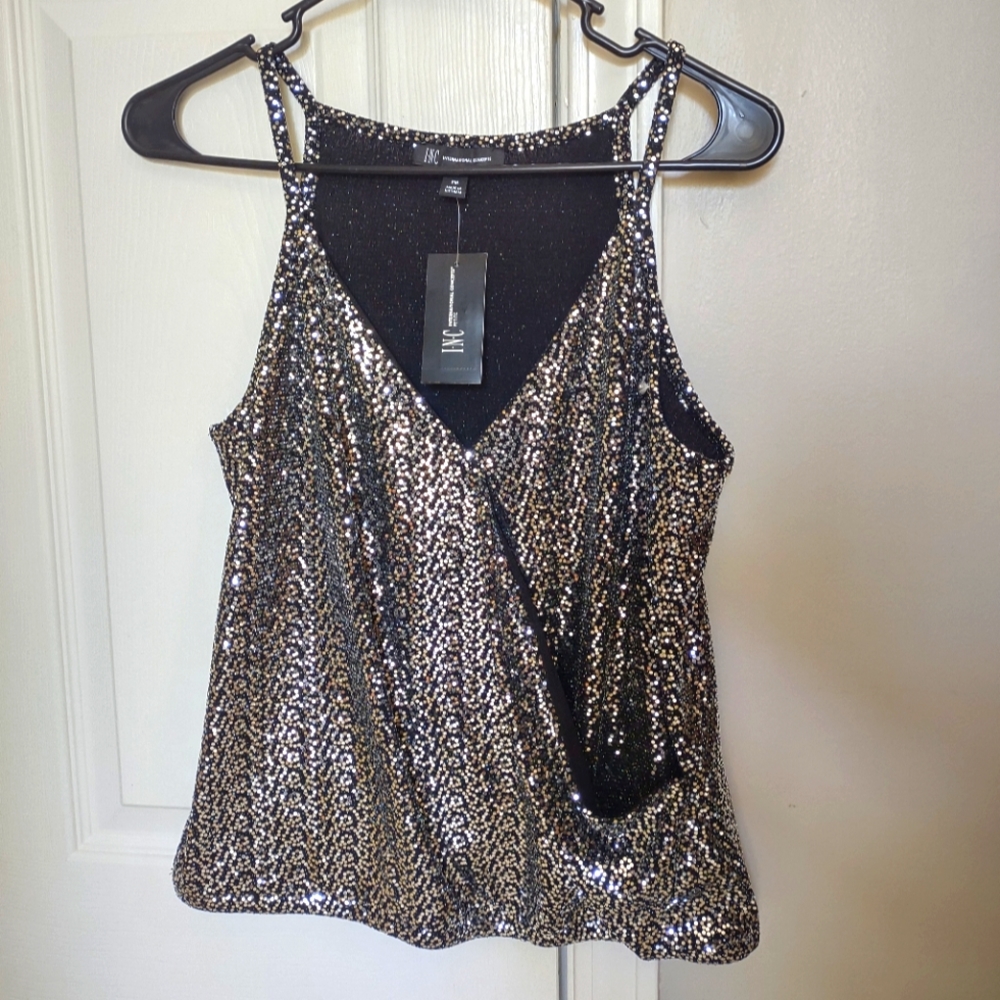 INC Silver and black shiny top
